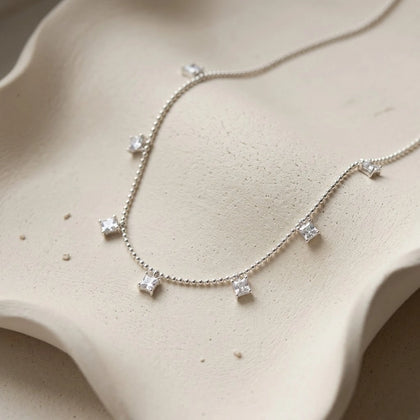 Silver Multi Square White Stone 925 Sterling Silver Pendant Chain for Women