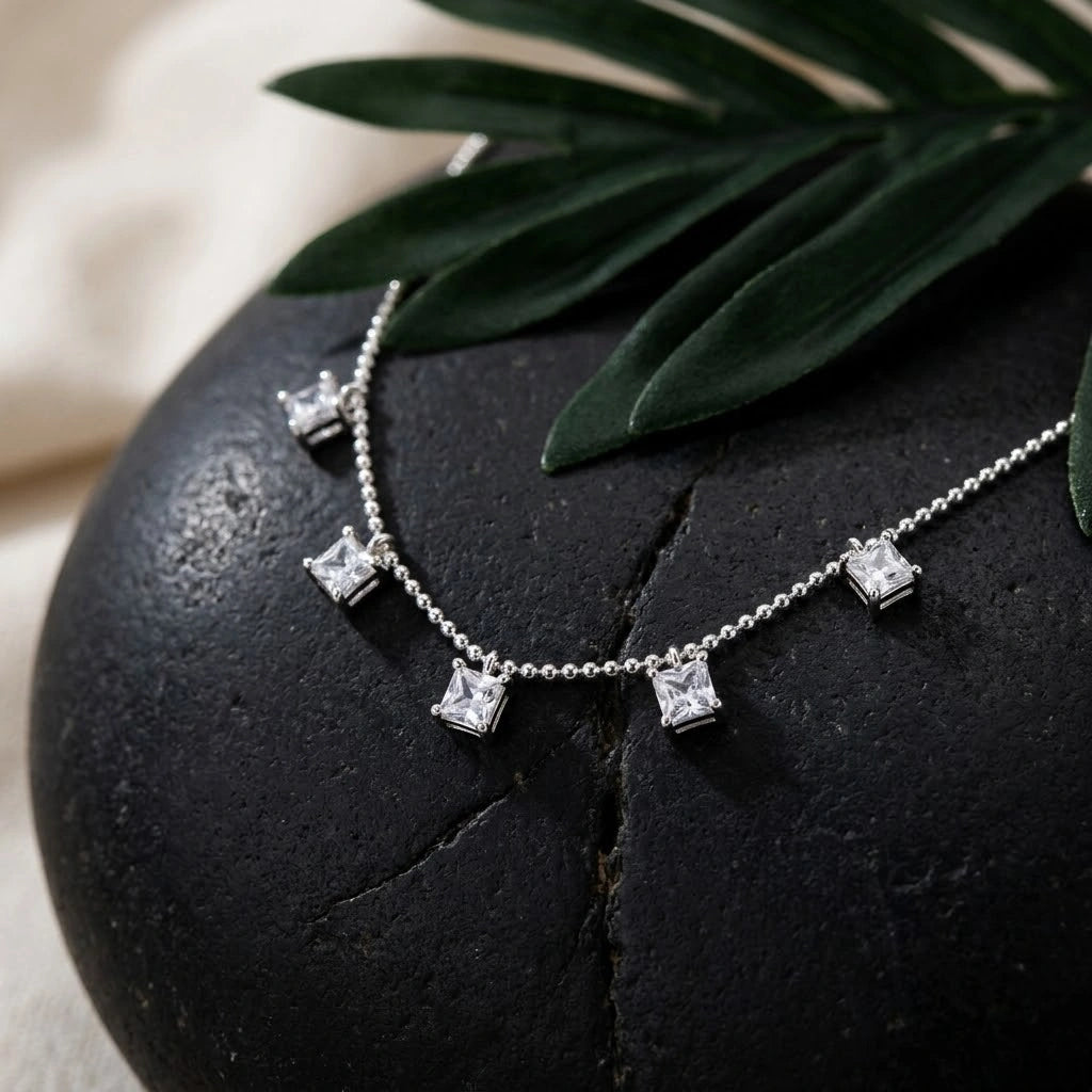 Silver Multi Square White Stone 925 Sterling Silver Pendant Chain for Women