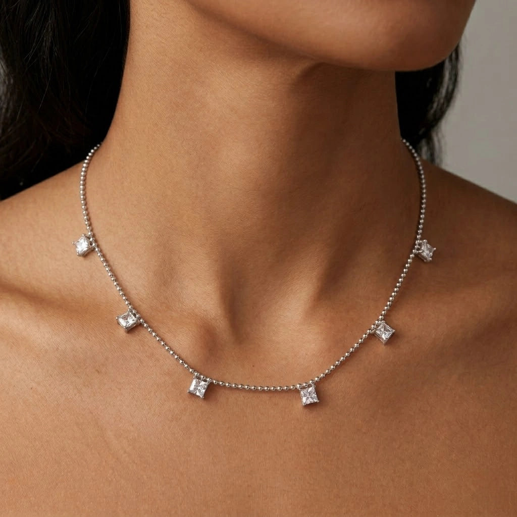 Silver Multi Square White Stone 925 Sterling Silver Pendant Chain for Women