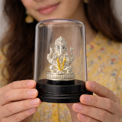 Lord Ganesha Silver Murti with Glass Dome