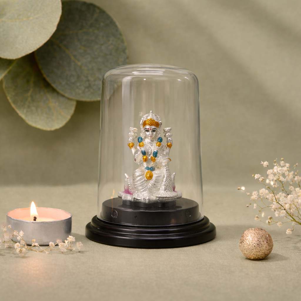 Lakshmi Mata Silver Murti with Glass Dome