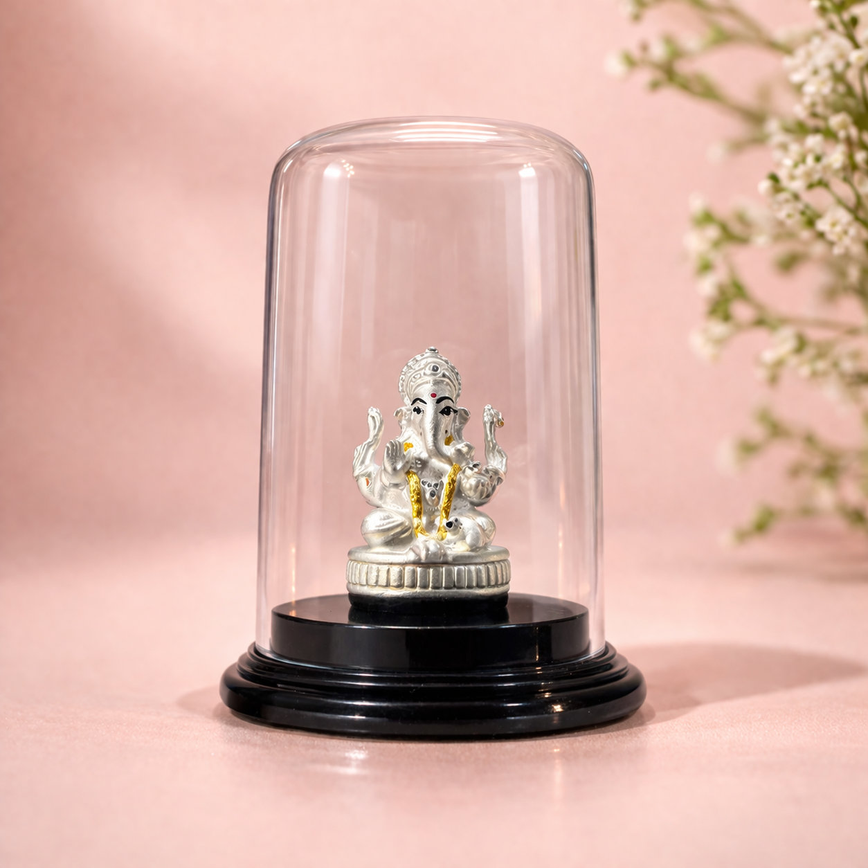 Lord Ganesha Silver Murti with Glass Dome