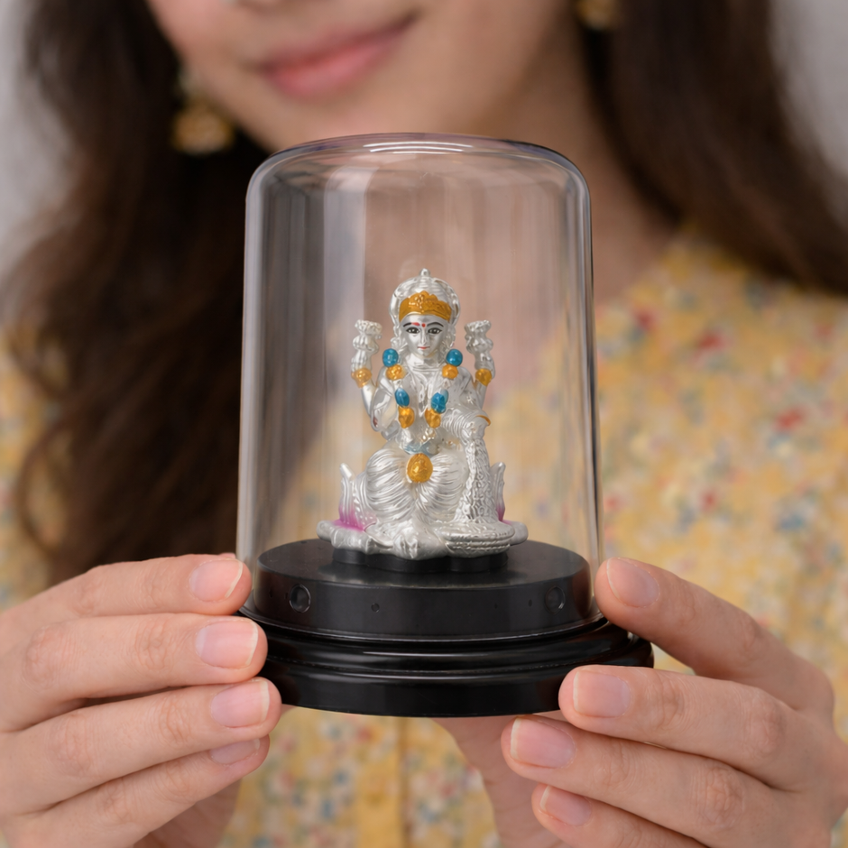 Lakshmi Mata Silver Murti with Glass Dome