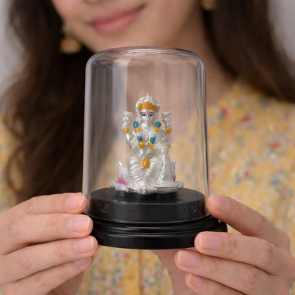 Lakshmi Mata Silver Murti with Glass Dome