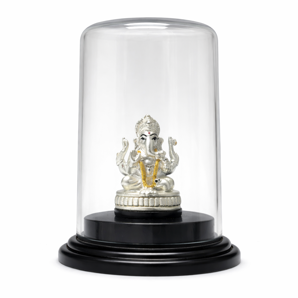 Lord Ganesha Silver Murti with Glass Dome