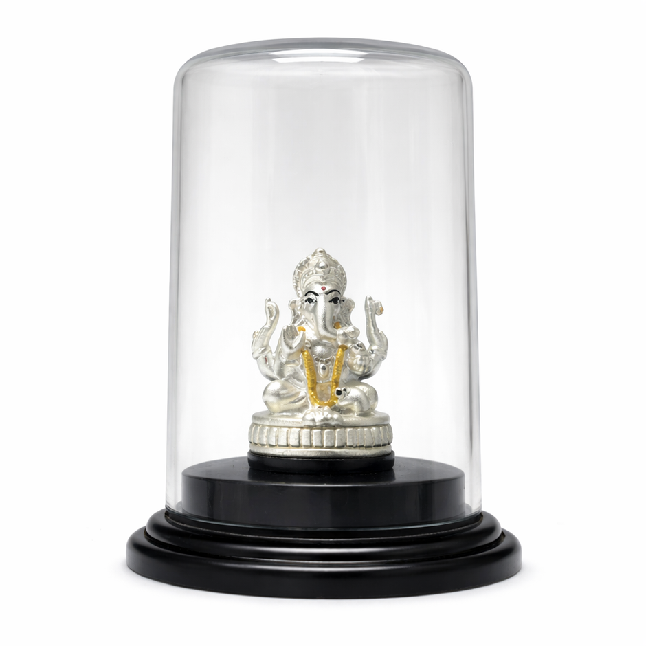 Lord Ganesha Silver Murti with Glass Dome