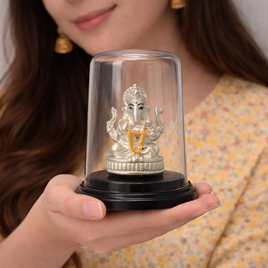 Lord Ganesha Silver Murti with Glass Dome