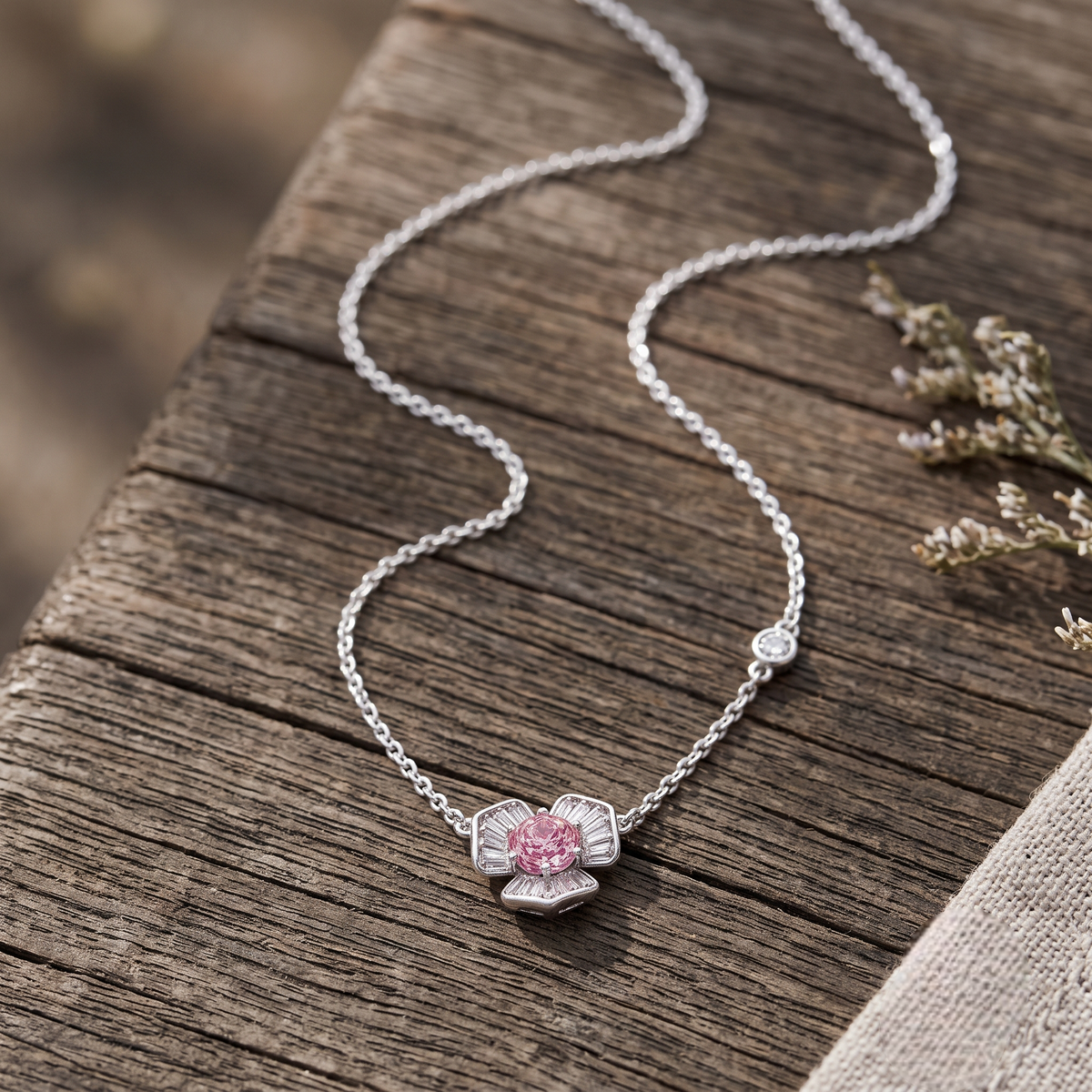 Silver Pink Blossom Necklace