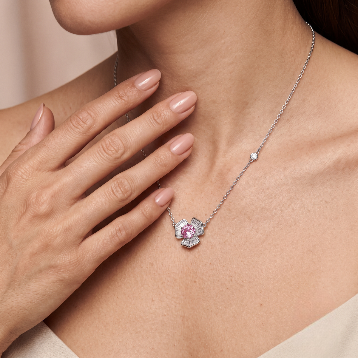 Silver Pink Blossom Necklace