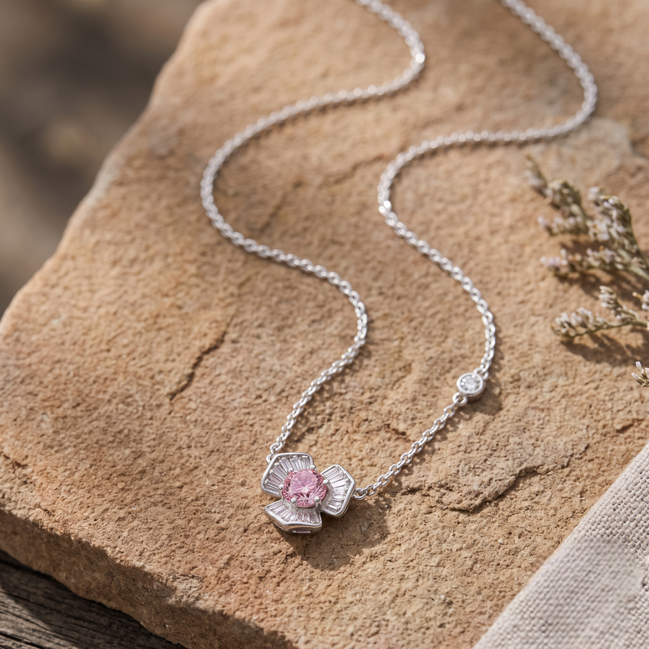 Silver Pink Blossom Necklace