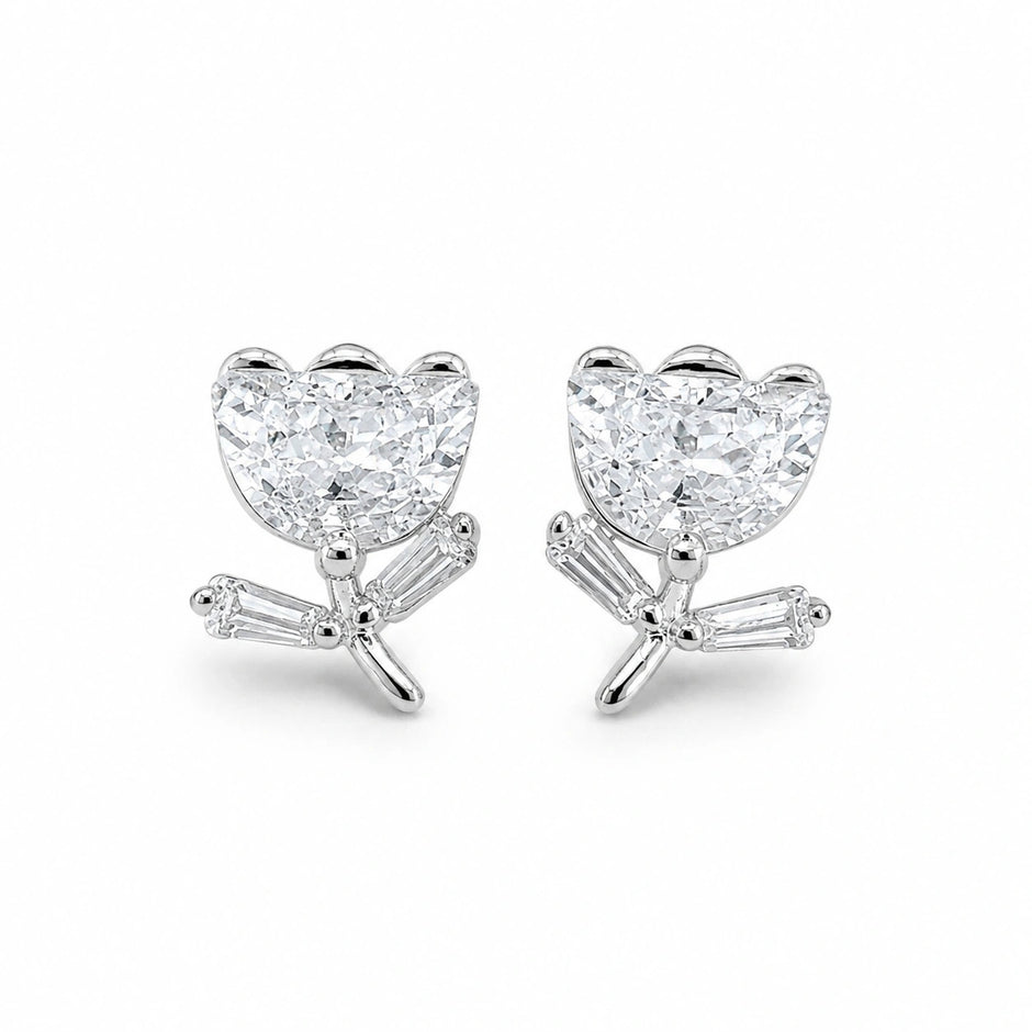 Silver Rose Diamond 925 Sterling Silver Stud Earrings for Women