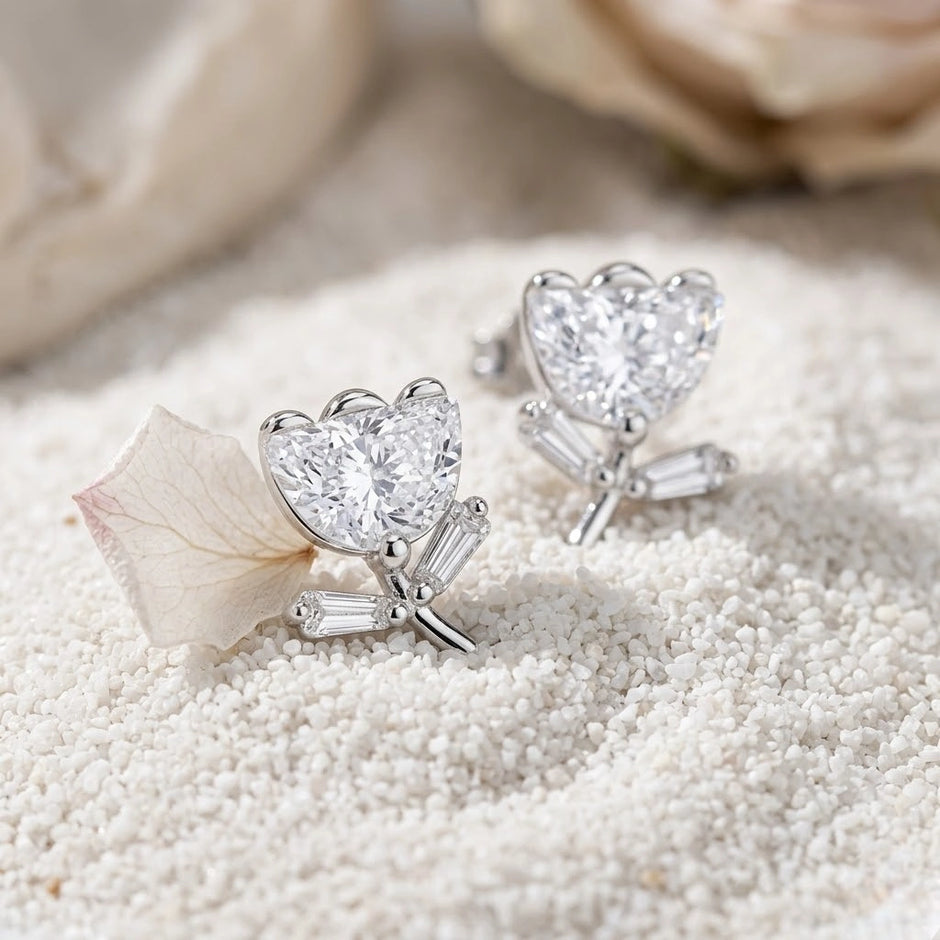 Silver Rose Diamond 925 Sterling Silver Stud Earrings for Women