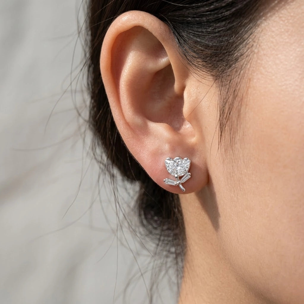 Silver Rose Diamond 925 Sterling Silver Stud Earrings for Women