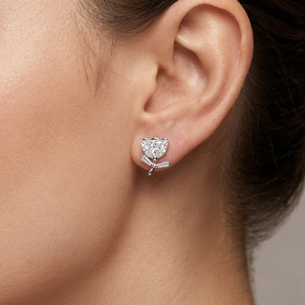 Silver Rose Diamond 925 Sterling Silver Stud Earrings for Women
