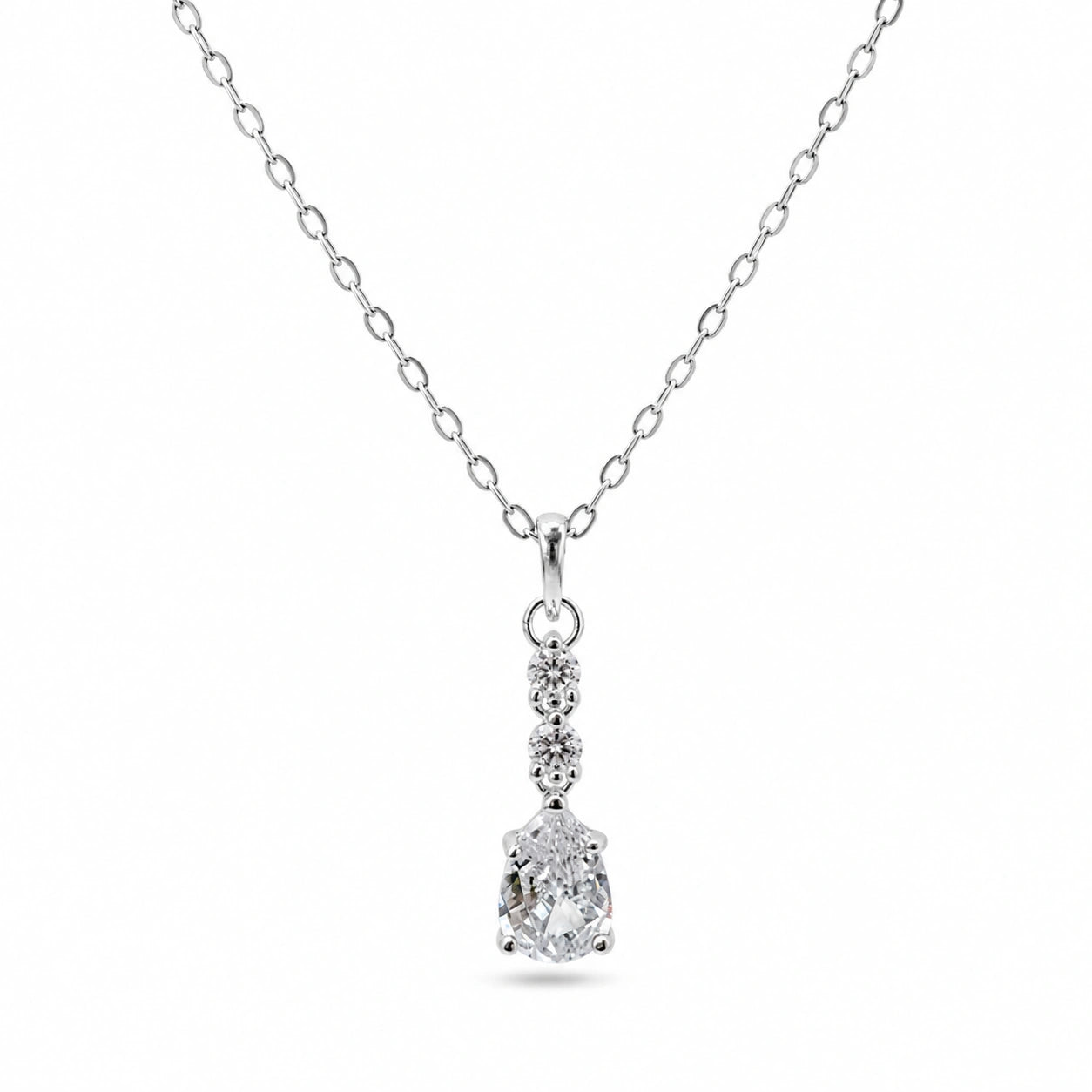 Silver Round Drop White Stone 925 Sterling Silver Pendant Chain for Women