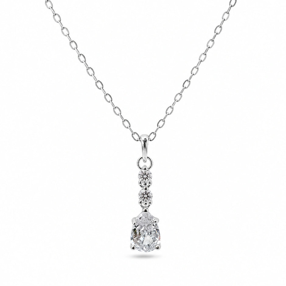Silver Round Drop White Stone 925 Sterling Silver Pendant Chain for Women
