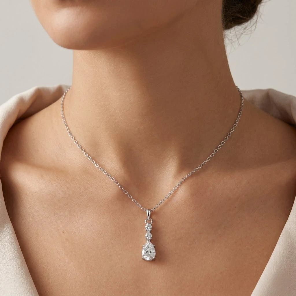 Silver Round Drop White Stone 925 Sterling Silver Pendant Chain for Women