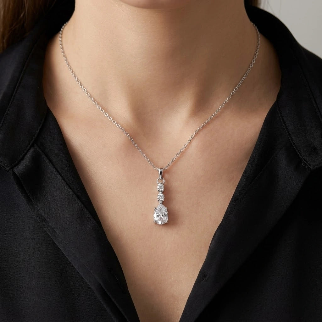 Silver Round Drop White Stone 925 Sterling Silver Pendant Chain for Women