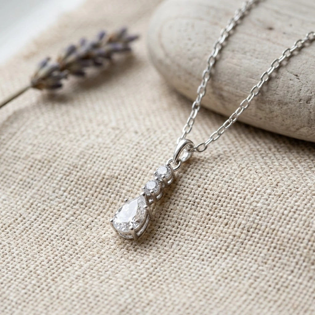 Silver Round Drop White Stone 925 Sterling Silver Pendant Chain for Women