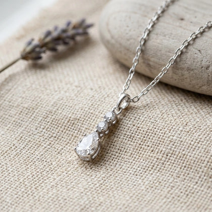 Silver Round Drop White Stone 925 Sterling Silver Pendant Chain for Women
