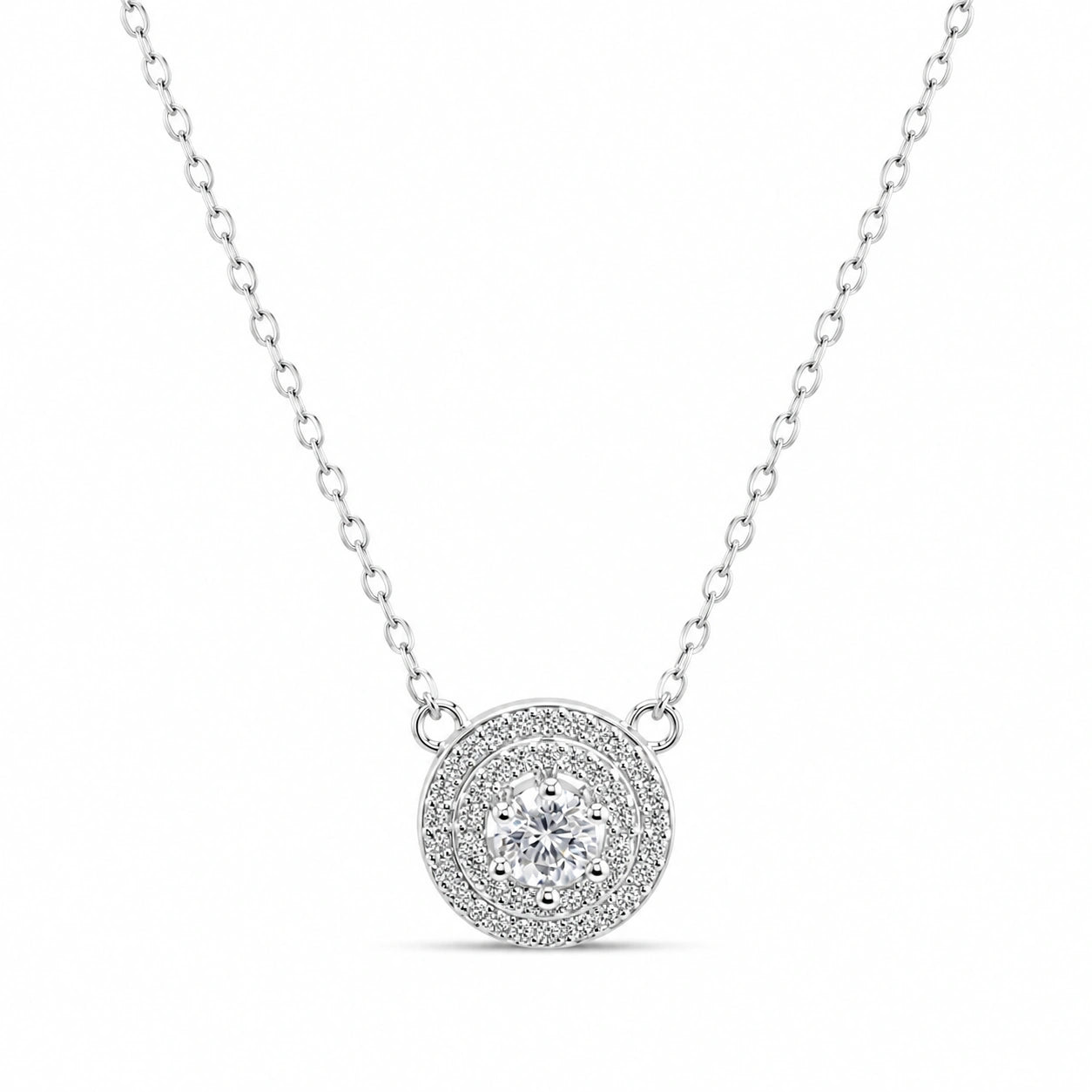 Silver Round Halo White Stone 925 Sterling Silver Pendant Chain for Women