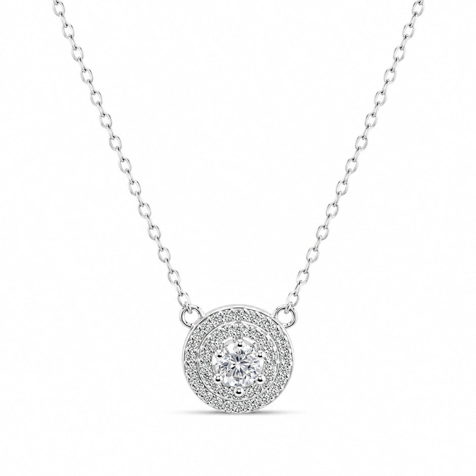 Silver Round Halo White Stone 925 Sterling Silver Pendant Chain for Women