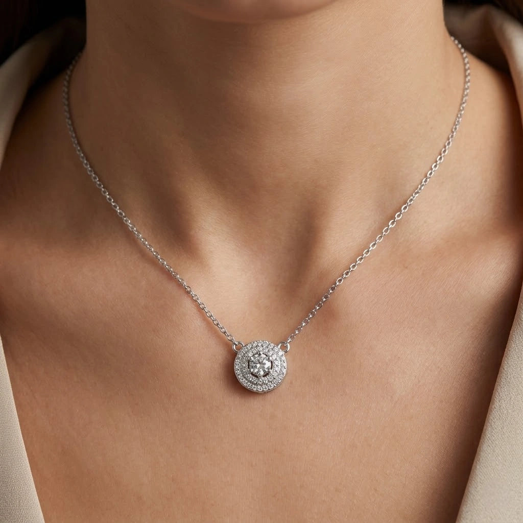 Silver Round Halo White Stone 925 Sterling Silver Pendant Chain for Women