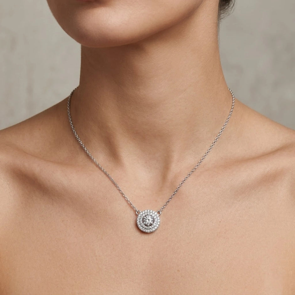 Silver Round Halo White Stone 925 Sterling Silver Pendant Chain for Women