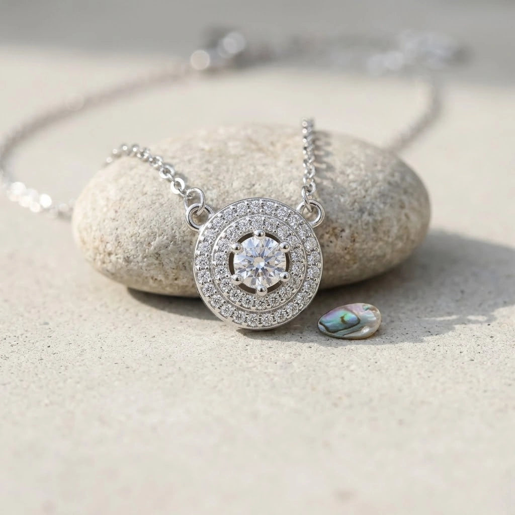 Silver Round Halo White Stone 925 Sterling Silver Pendant Chain for Women