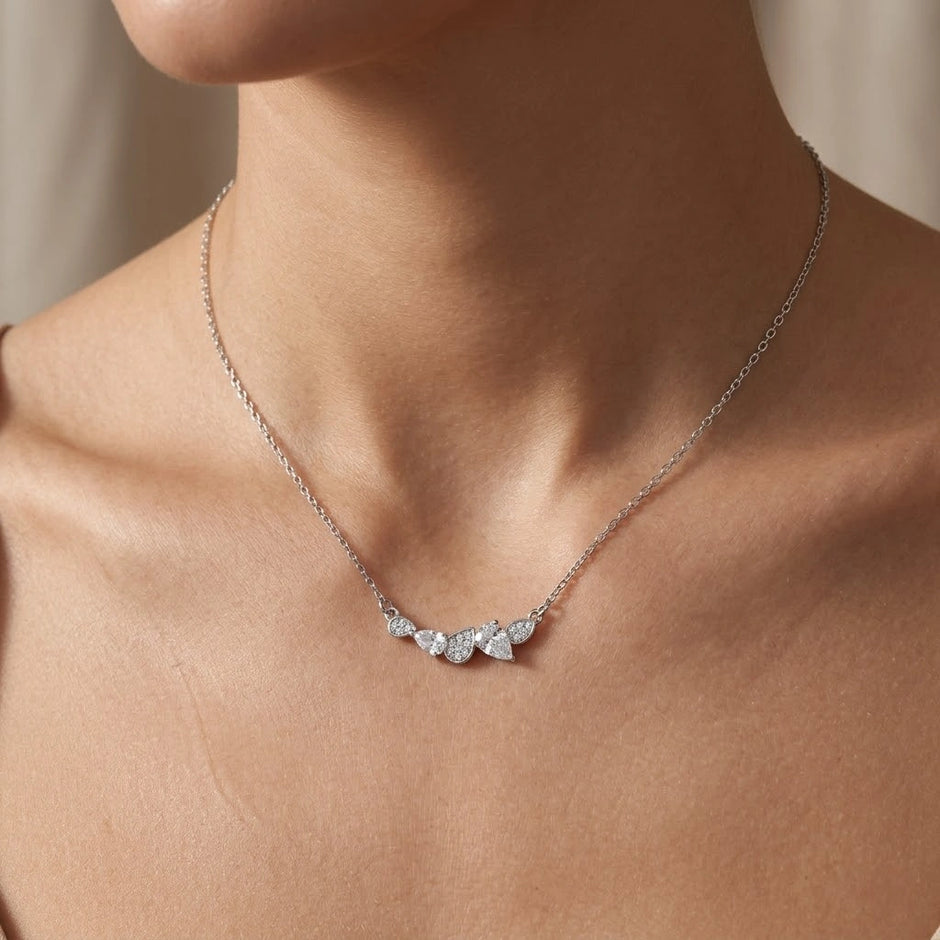 Silver Round & Drop White Stone 925 Sterling Silver Pendant Chain for Women