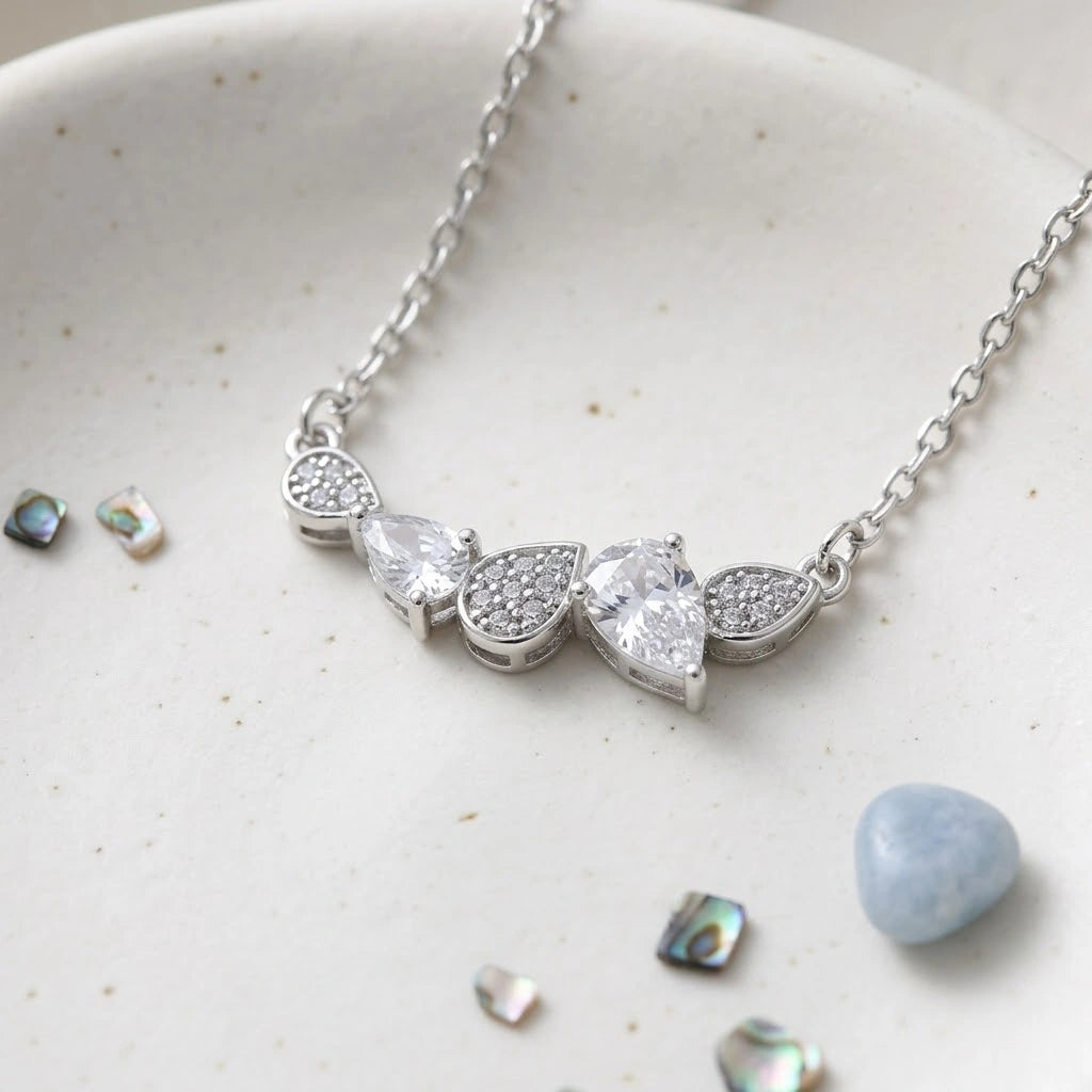 Silver Round & Drop White Stone 925 Sterling Silver Pendant Chain for Women