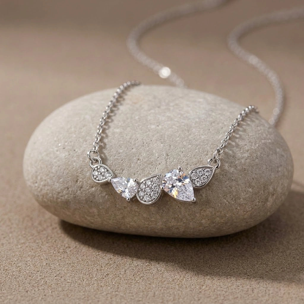 Silver Round & Drop White Stone 925 Sterling Silver Pendant Chain for Women