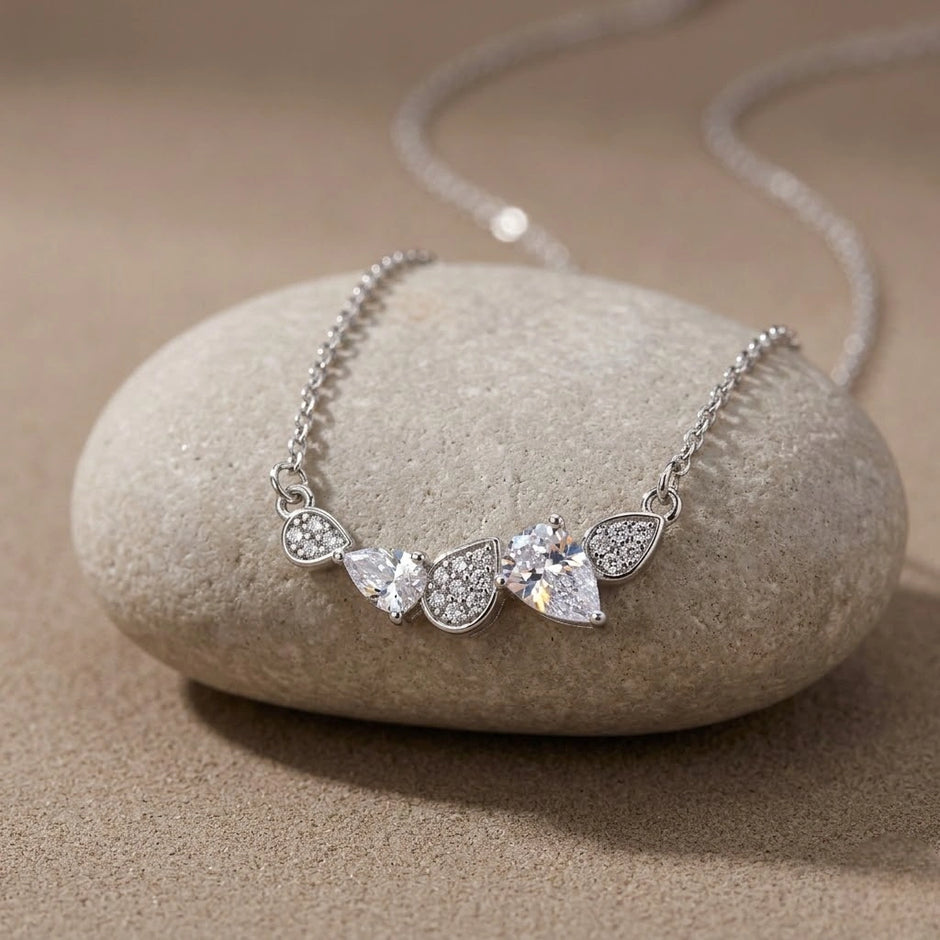 Silver Round & Drop White Stone 925 Sterling Silver Pendant Chain for Women