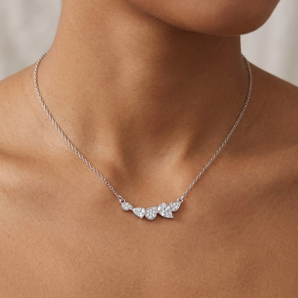 Silver Round & Drop White Stone 925 Sterling Silver Pendant Chain for Women