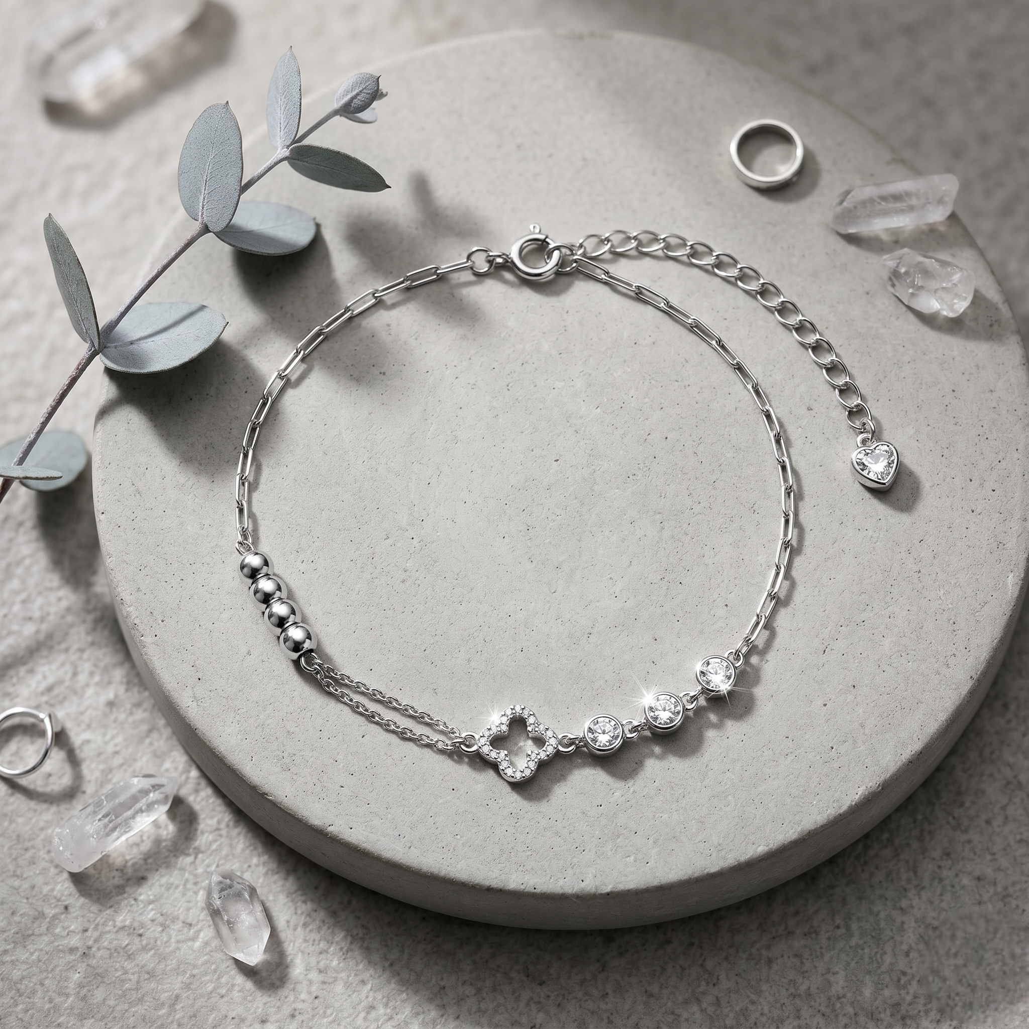 Silver 925 sterling silver square crystal charm bracelet for women