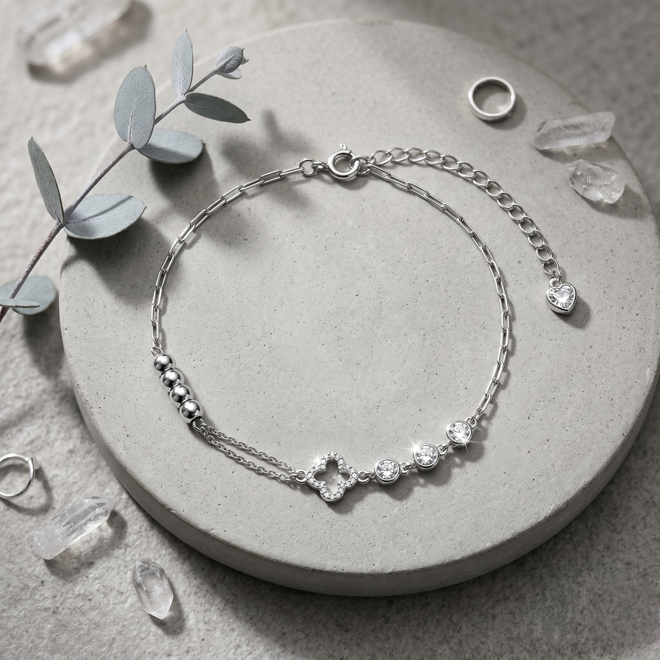 Silver 925 sterling silver square crystal charm bracelet for women