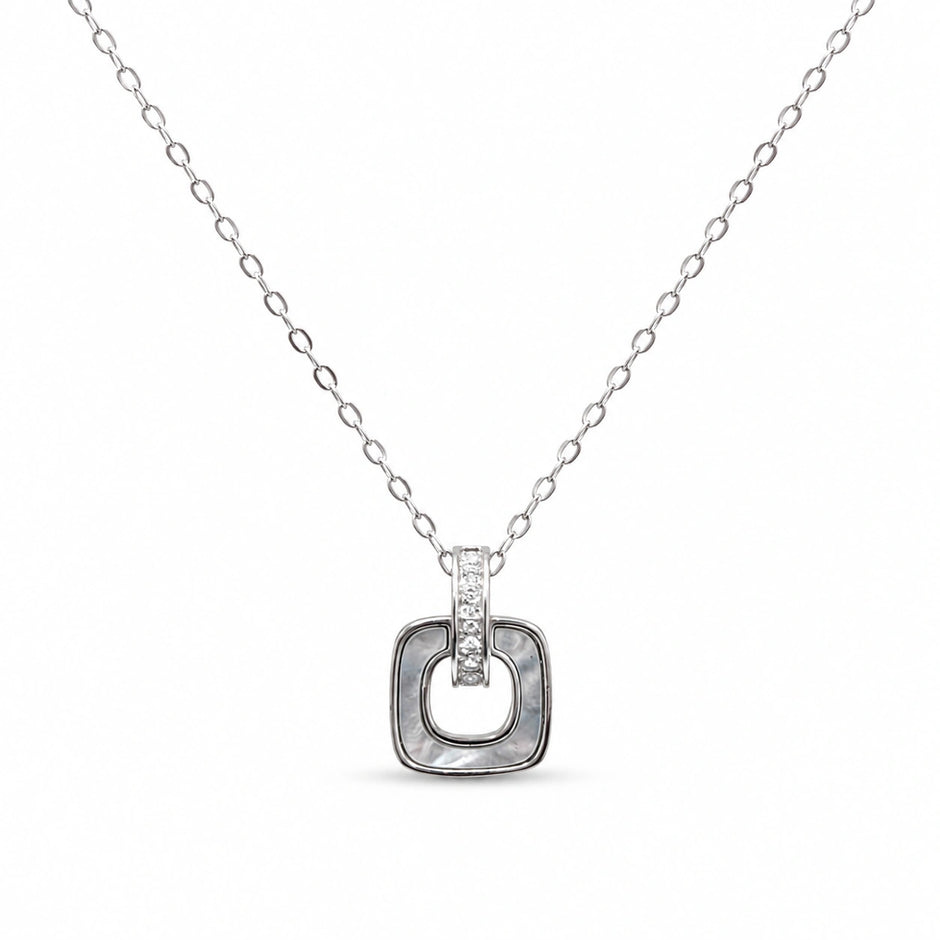 Silver Square Loop CZ 925 Sterling Silver Pendant Chain for Women