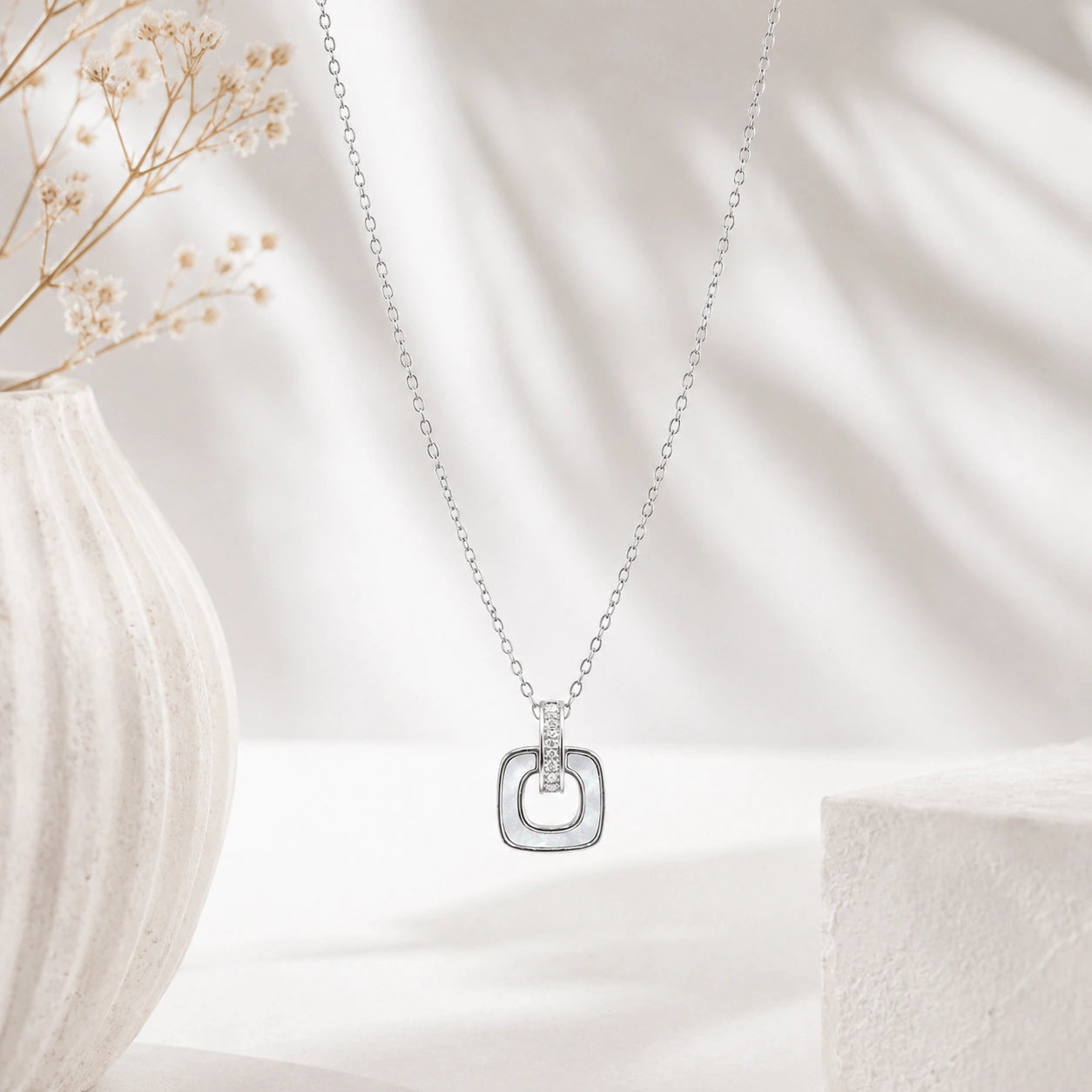 Silver Square Loop CZ 925 Sterling Silver Pendant Chain for Women