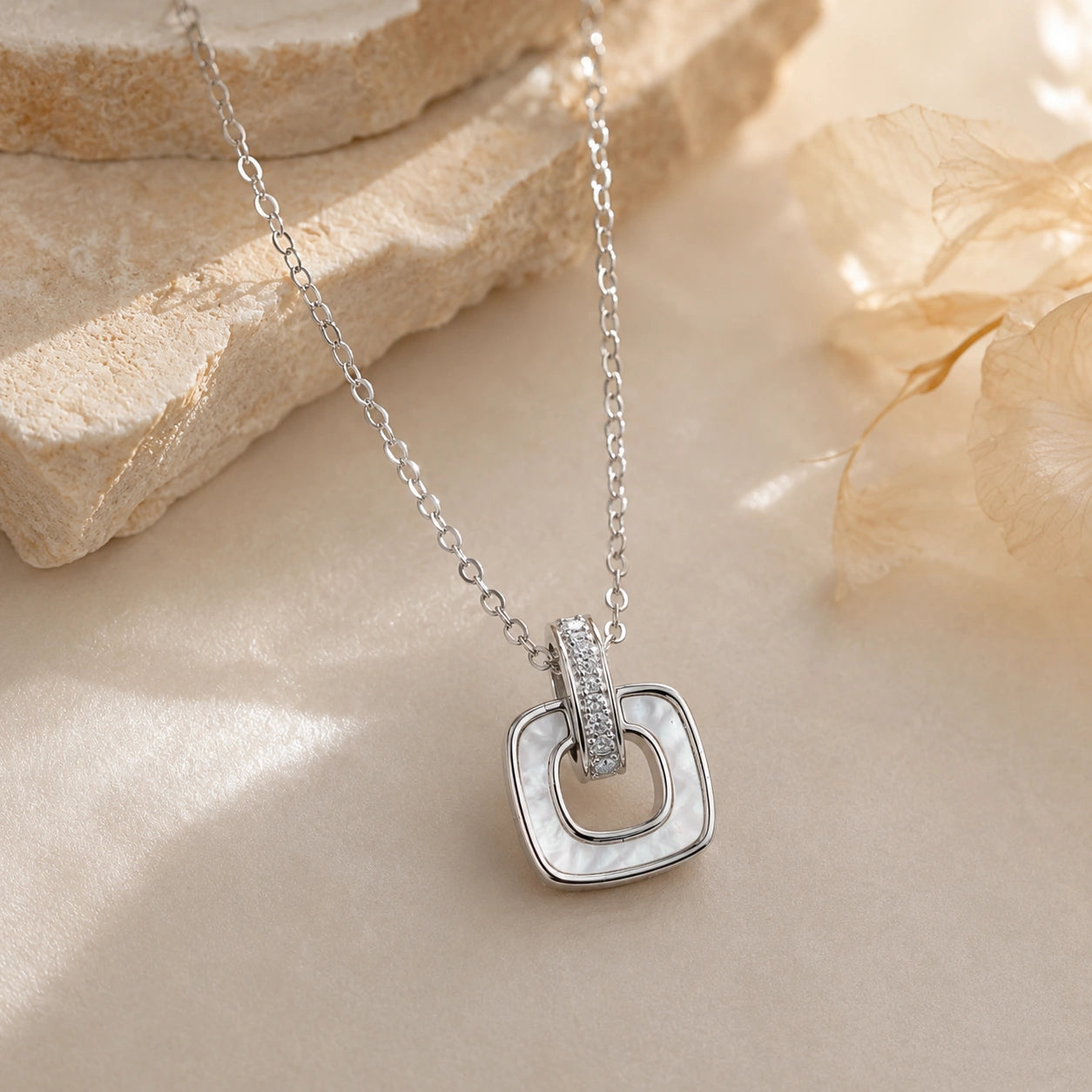 Silver Square Loop CZ 925 Sterling Silver Pendant Chain for Women