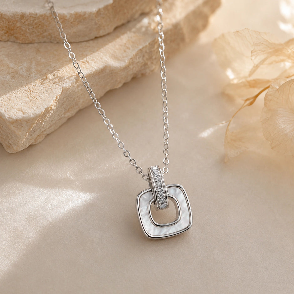 Silver Square Loop CZ 925 Sterling Silver Pendant Chain for Women