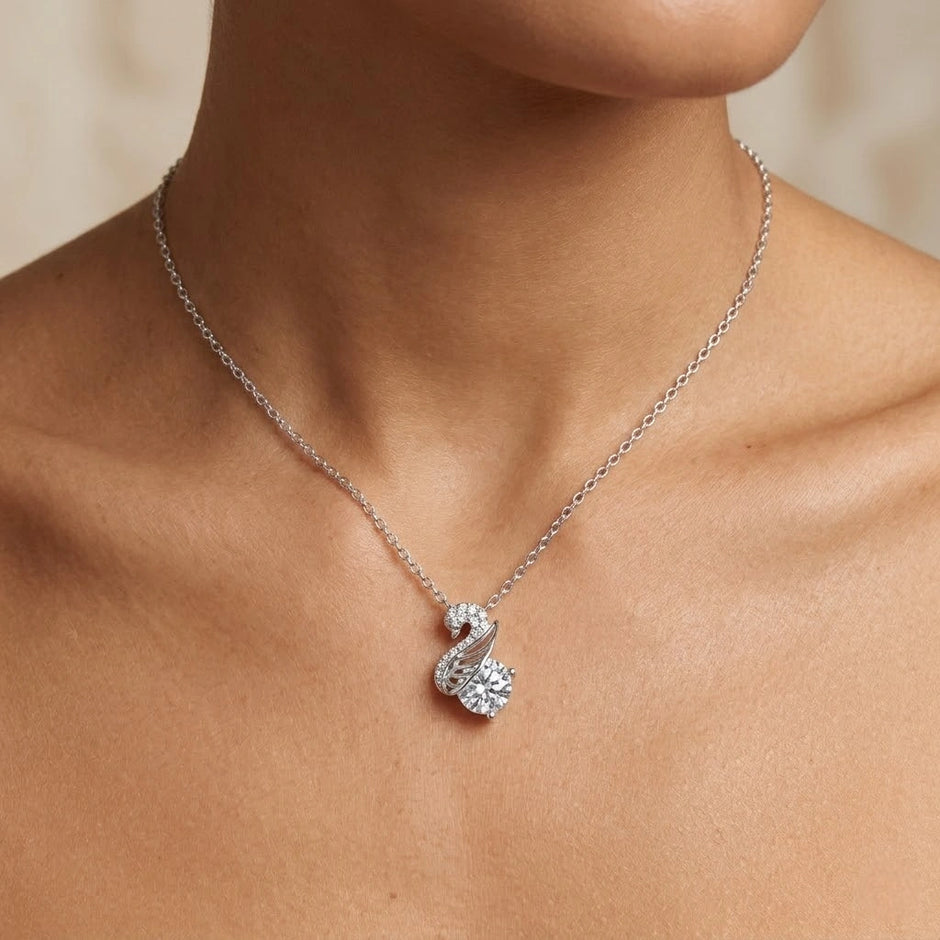 Silver Swan Drop White Stone 925 Sterling Silver Pendant Chain for Women