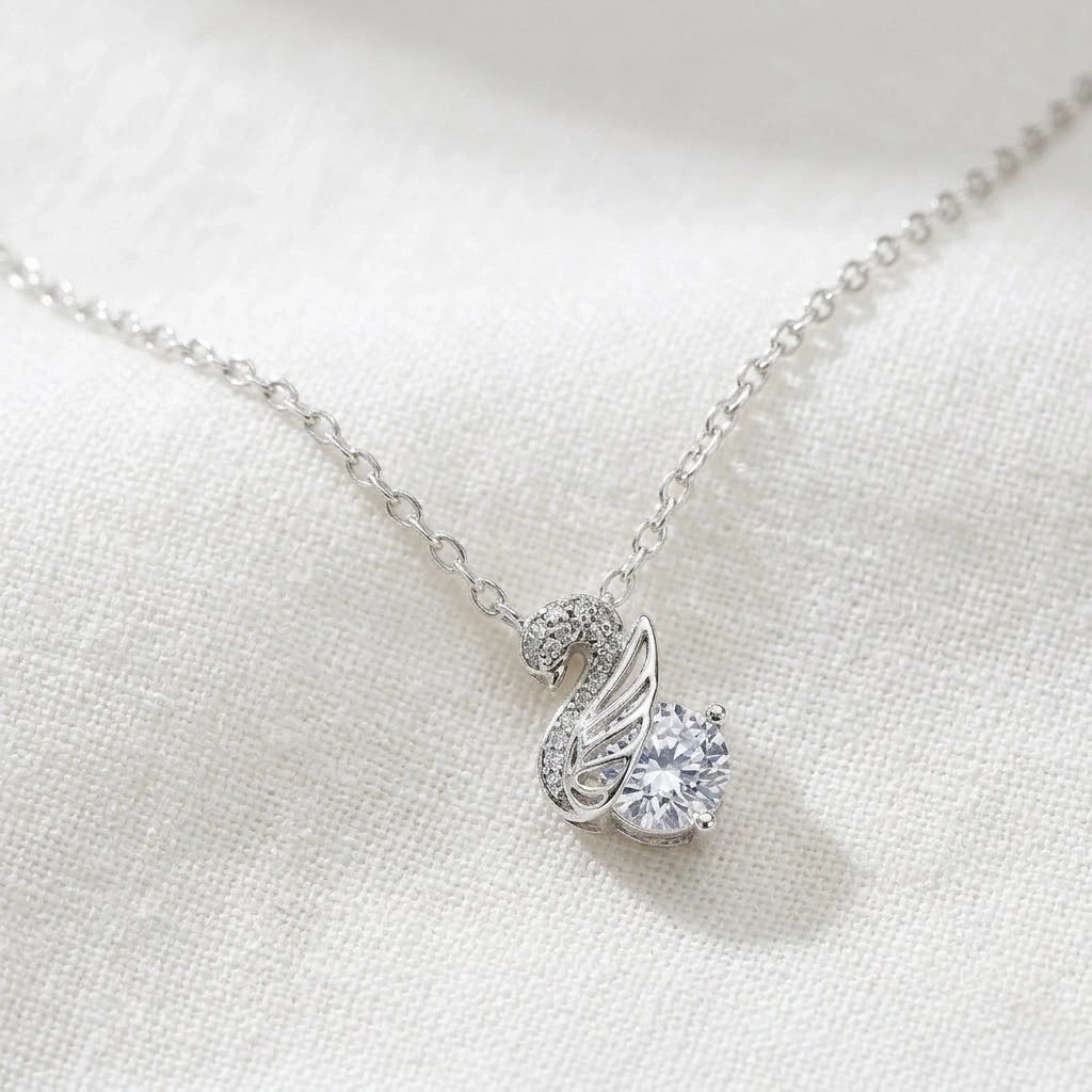 Silver Swan Drop White Stone 925 Sterling Silver Pendant Chain for Women