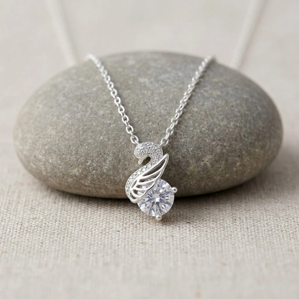 Silver Swan Drop White Stone 925 Sterling Silver Pendant Chain for Women