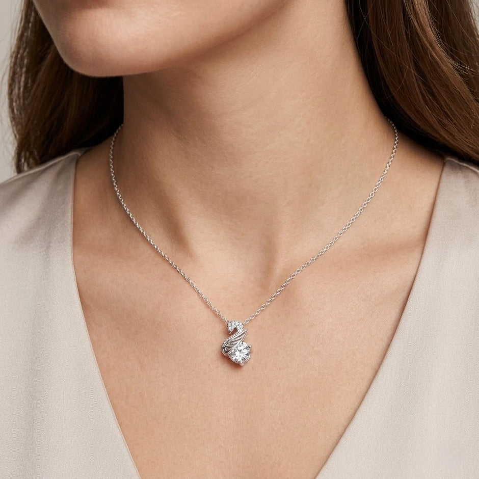 Silver Swan Drop White Stone 925 Sterling Silver Pendant Chain for Women