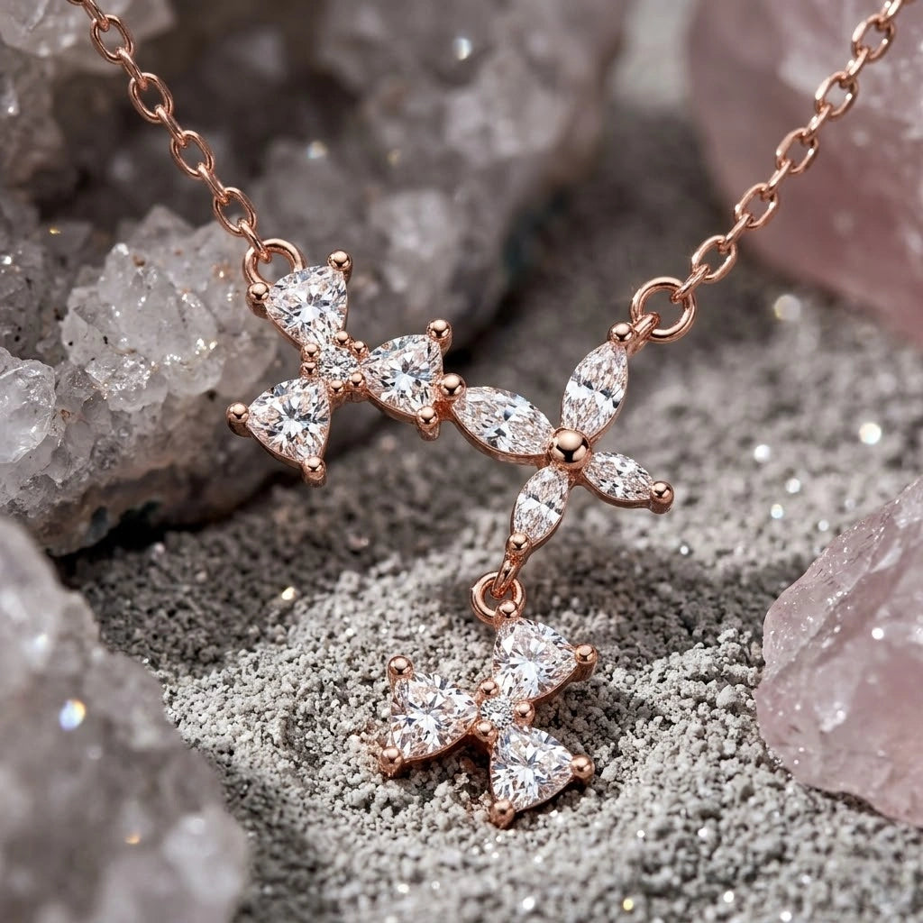 Rose Gold Triple Flower CZ 925 Sterling Silver Pendant Chain for Women