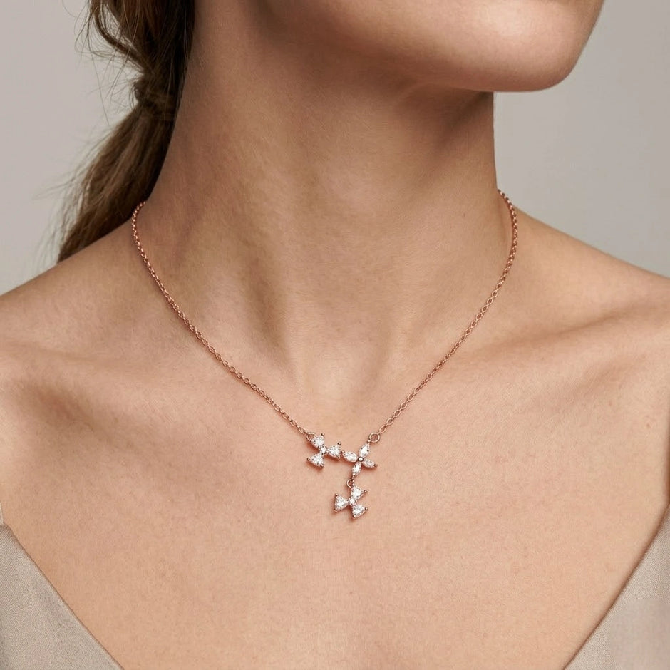 Rose Gold Triple Flower CZ 925 Sterling Silver Pendant Chain for Women
