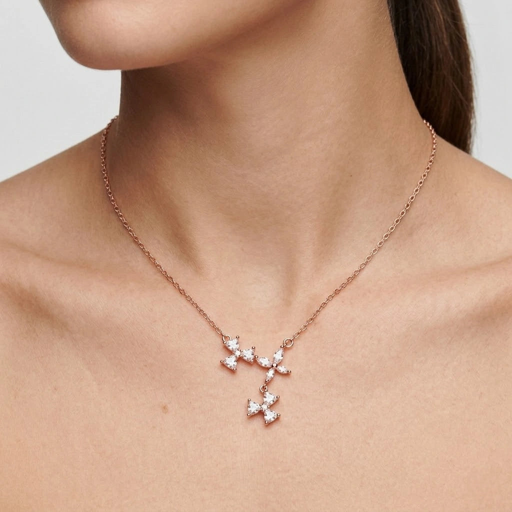 Rose Gold Triple Flower CZ 925 Sterling Silver Pendant Chain for Women