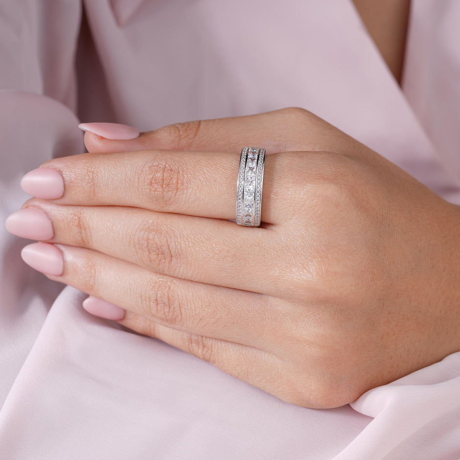 Silver Diamond Wedding Band Ring on Hand