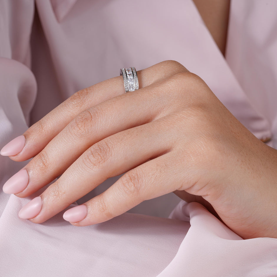 Silver Diamond Wedding Band Ring on Hand