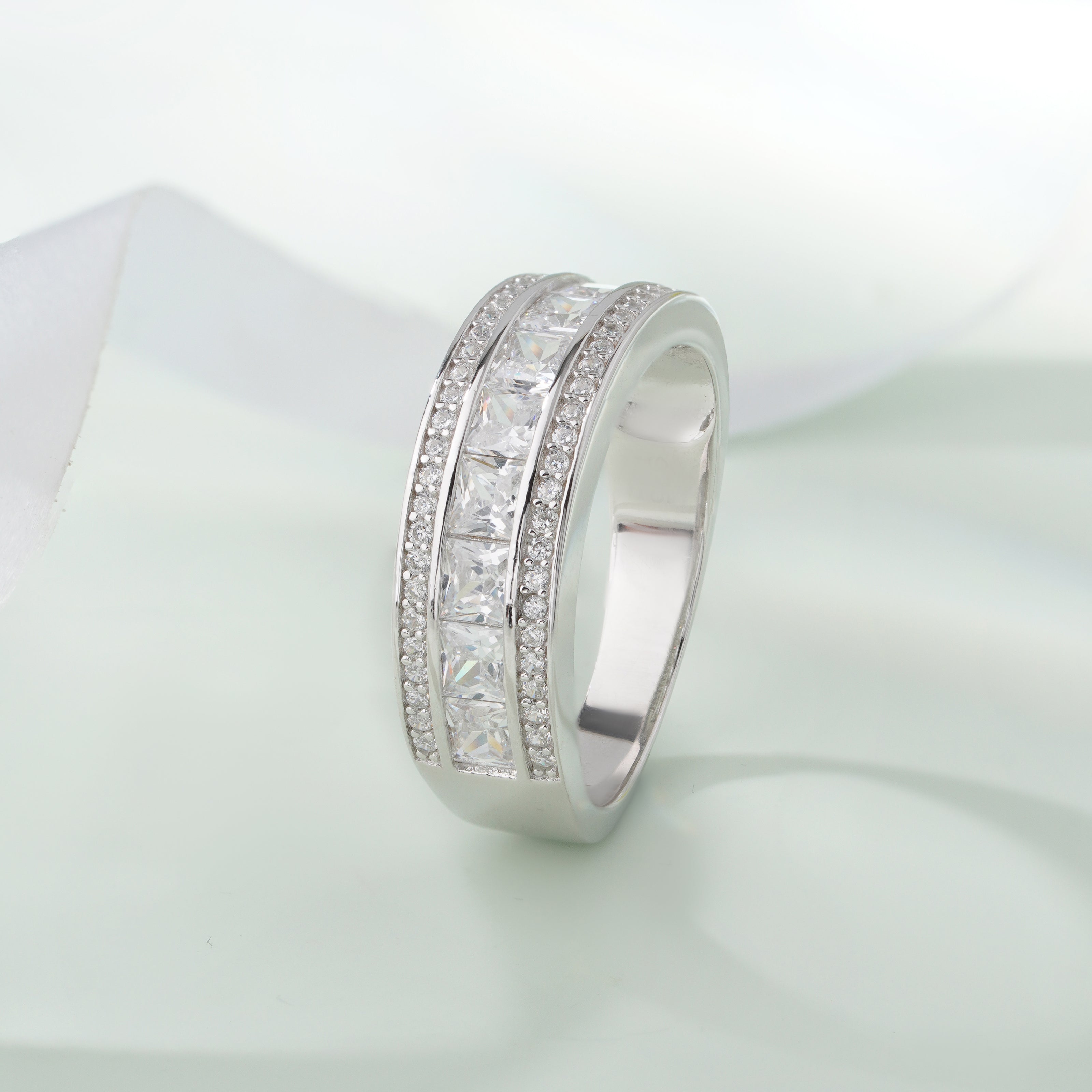 Silver Diamond Wedding Band Ring on Hand